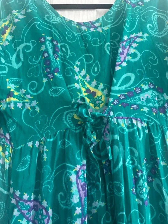 Vintage 90s Diane Von Furstenberg Teal Green Paisley Tie Back Dress S/M - Picture 5 of 6